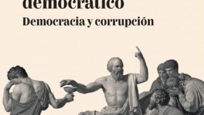 Cubierta de libro con el título El fundamentalismo democrático: Democracia y corrupción y una ilustración clásica de figuras antiguas.
