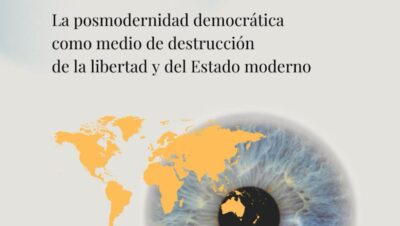 Ensayo sobre el fracaso histórico de la democracia en el siglo XXI: La posmodernidad democrática como medio de destrucción de la libertad y del Estado moderno (Política, democracia y libertad), portada con ojo humano de iris detallado y mapa mundial en tonos cálidos