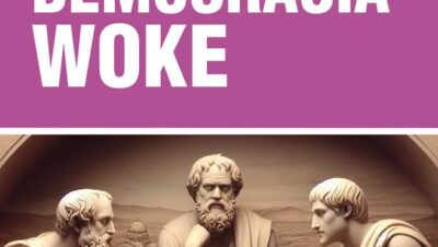 Portada morada de libro titulada Democracia woke con esculturas clásicas de pensadores